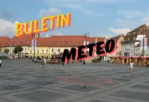 Prognoza Meteo ANM cu Estimarile Starii Vremii in Romania pentru 30 de Zile Town square with pastel buildings and people walking, overlaid with bold yellow and pink text reading 'BULETON METEO' across the sky.