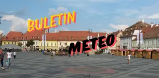 Town square with pastel buildings and people walking, overlaid with bold yellow and pink text reading 'BULETON METEO' across the sky.