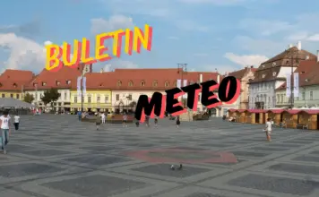Prognoza Meteo ANM cu Estimarile Starii Vremii in Romania pentru 30 de Zile Town square with pastel buildings and people walking, overlaid with bold yellow and pink text reading 'BULETON METEO' across the sky.