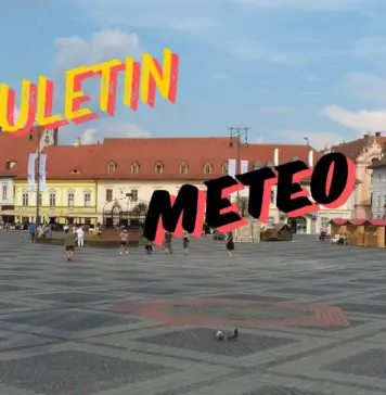 Prognoza Meteo ANM cu Estimarile Starii Vremii in Romania pentru 30 de Zile Town square with pastel buildings and people walking, overlaid with bold yellow and pink text reading 'BULETON METEO' across the sky.