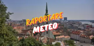 City view of a European town with red-tiled roofs and a river in the distance, overlaid with bold yellow and red text 'RAPORTARE METEO' across the center