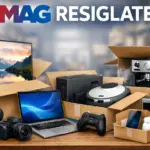 Resigilatele eMAG de la Numai 3 LEI cu Electronice, Telefoane, Televizoare, Haine la Reducere | iDevice.ro Open boxes filled with assorted electronics and appliances, including a laptop, monitor, camera, headphones, game controller, and kitchen devices in a warehouse setting.