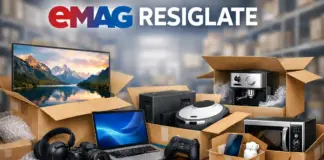 Open boxes filled with assorted electronics and appliances, including a laptop, monitor, camera, headphones, game controller, and kitchen devices in a warehouse setting.