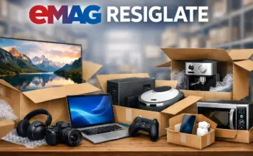 Resigilatele eMAG de la Numai 3 LEI cu Electronice, Telefoane, Televizoare, Haine la Reducere Open boxes filled with assorted electronics and appliances, including a laptop, monitor, camera, headphones, game controller, and kitchen devices in a warehouse setting.