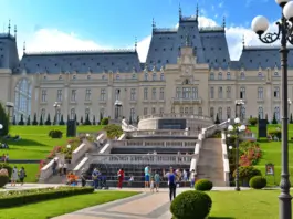 Grand historic palace with symmetrical towers, central staircase, and manicured gardens under a blue sky; visitors on the lawn.