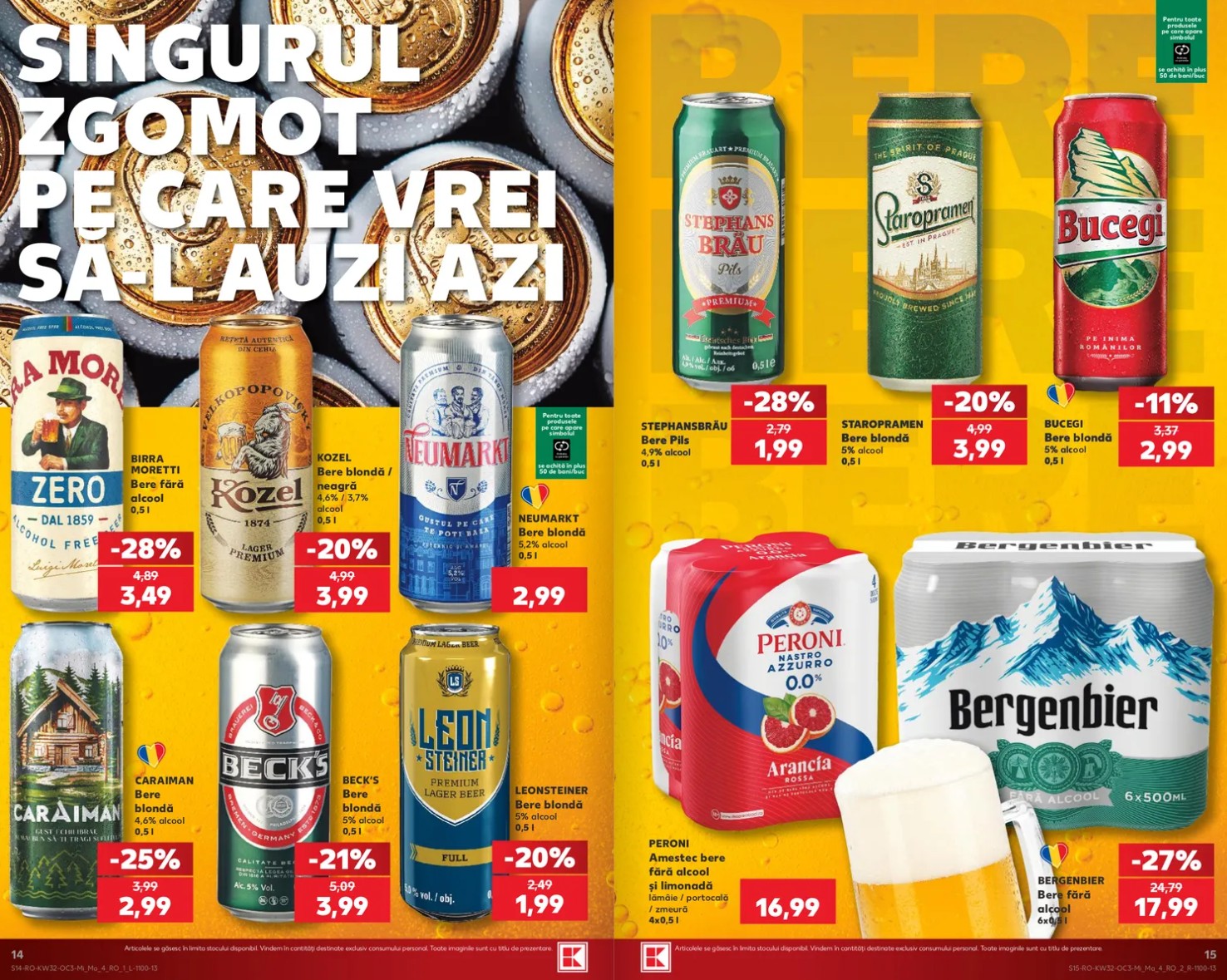 catalog kaufland card oferte 5 august 2026 - pagina 14 - 15 | iDevice.ro Assortment of beer cans arranged on a bright yellow page with red discount price tags.