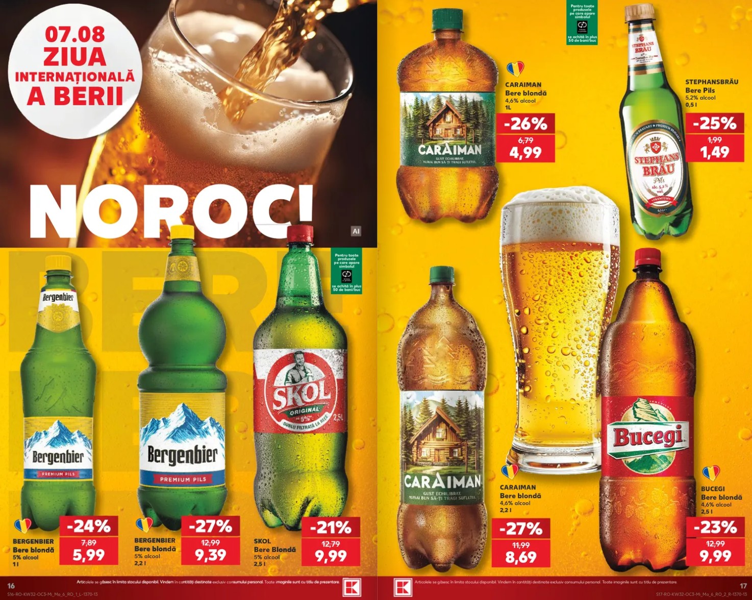 catalog kaufland card oferte 5 august 2026 - pagina 16 - 17 | iDevice.ro Two-page catalog spread showing bottled beers on a bright yellow background with large white text and red discount tags highlighting prices and percentages of various brands like Berg Bier, Skol, Caraiman, and Bucegi.