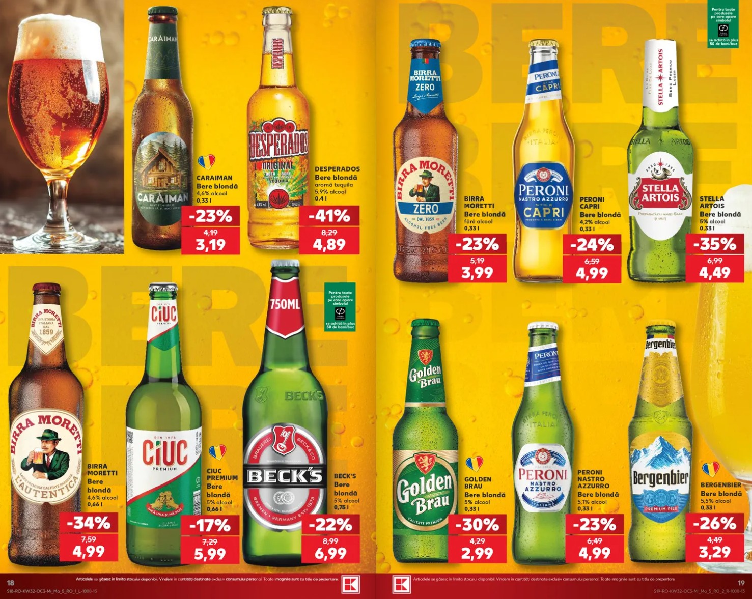 catalog kaufland card oferte 5 august 2026 - pagina 20 | iDevice.ro Bright yellow beer ad collage showing multiple beer bottles with red discount price tags and brand labels visible, no single focus.