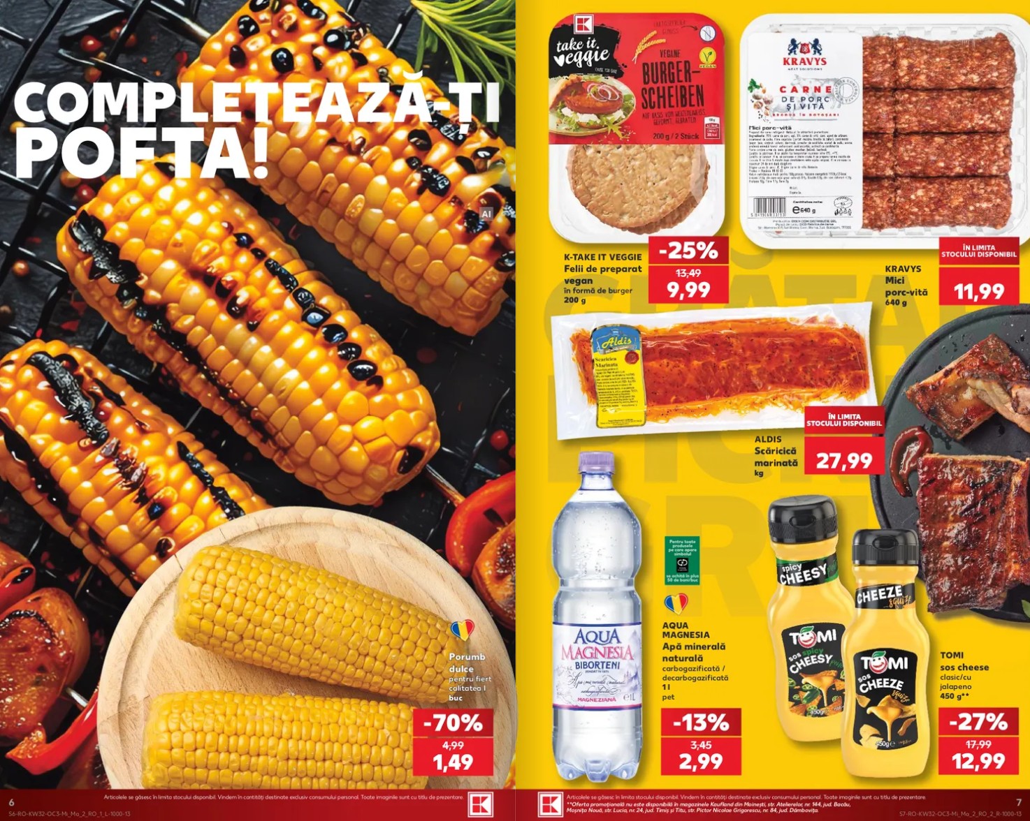catalog kaufland card oferte 5 august 2026 - pagina 6 - 7 | iDevice.ro Left side shows grilled corn on the cob and a cutting board with pepper accents; right side is a bright grocery ad featuring vegan burgers, sausages, sauces, a water bottle and price tags on yellow background.