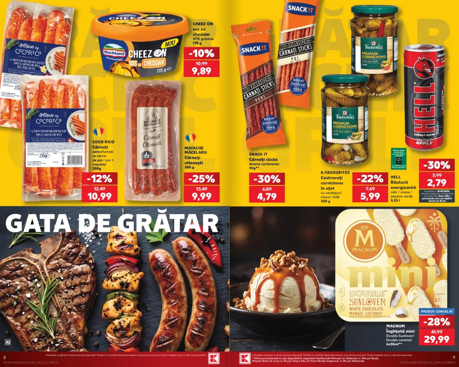 catalog kaufland card oferte 5 august 2026 - pagina 8 - 9 | iDevice.ro Bright supermarket ad collage featuring meats, cheese, snacks, jars, and ice cream with discount tags on a yellow background.