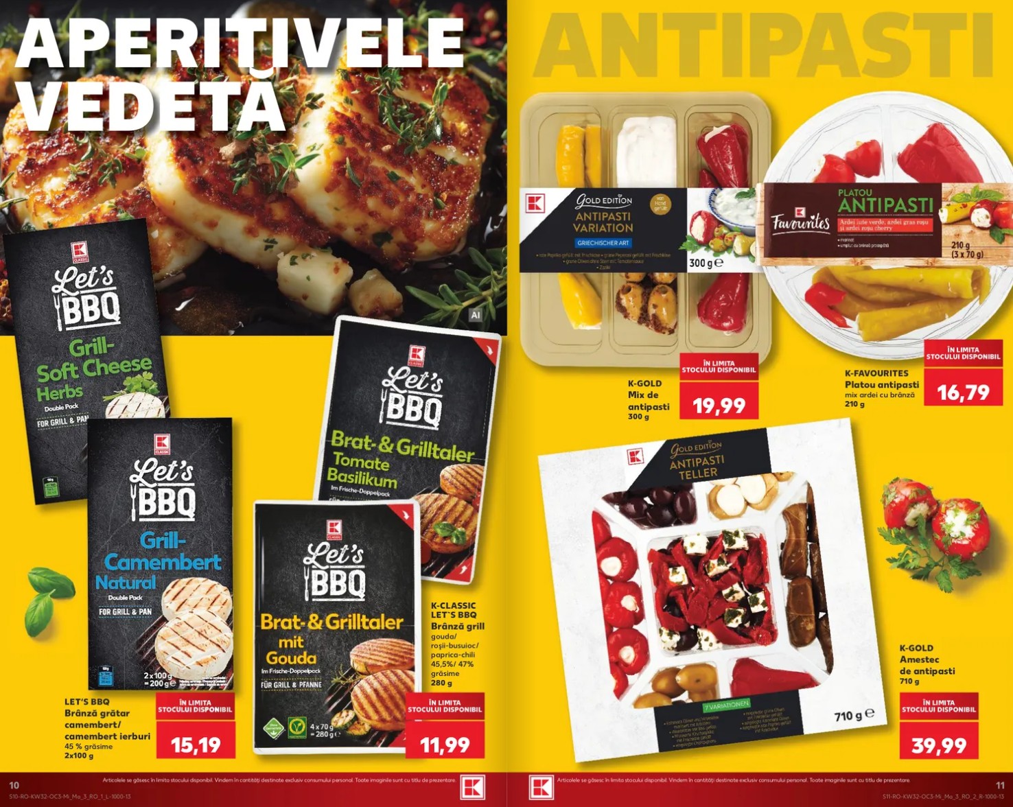 catalog kaufland card oferte 5 august 2026 - pagina 9 - 10 | iDevice.ro Two-page promotional ad featuring grill and antipasti products on a bright yellow background, including Let's BBQ seasoning packs and antipasti trays with colorful peppers and cheese.