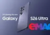 Promotional banner showing Samsung Galaxy S26 Ultra with a three-lens camera cluster, angled against a gradient background, plus an eMAG logo.
