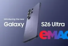 eMAG: Samsung GALAXY S26 la Preturi Reduse cu 2.300 LEI + Voucher de Extra Reducere Promotional banner showing Samsung Galaxy S26 Ultra with a three-lens camera cluster, angled against a gradient background, plus an eMAG logo.