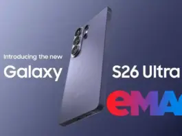 Promotional banner showing Samsung Galaxy S26 Ultra with a three-lens camera cluster, angled against a gradient background, plus an eMAG logo.
