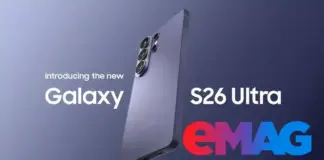 Promotional banner showing Samsung Galaxy S26 Ultra with a three-lens camera cluster, angled against a gradient background, plus an eMAG logo.