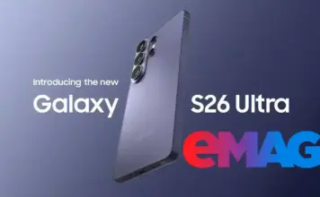 Promotional banner showing Samsung Galaxy S26 Ultra with a three-lens camera cluster, angled against a gradient background, plus an eMAG logo.