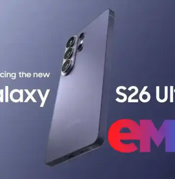 Promotional banner showing Samsung Galaxy S26 Ultra with a three-lens camera cluster, angled against a gradient background, plus an eMAG logo.