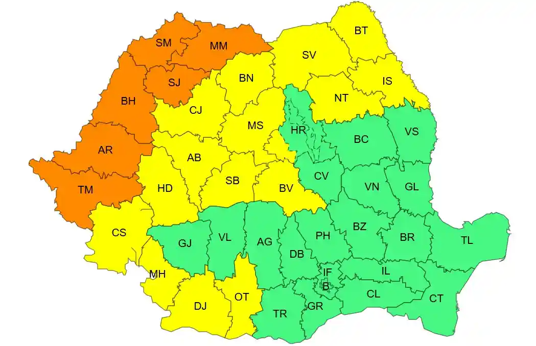 harta meteo cod portocaliu canicula emisa de ANM pentru vestul Romaniei pe 1 august 2026 | iDevice.ro harta meteo cod portocaliu canicula emisa de ANM pentru vestul Romaniei pe 1 august 2026