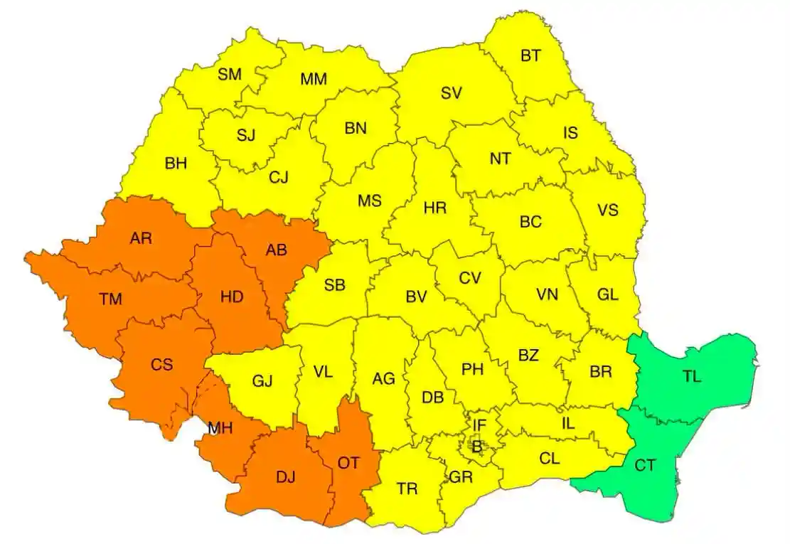 harta meto cod portocaliu caniculă România 19 august 2026 harta meto cod portocaliu caniculă România 19 august 2026
