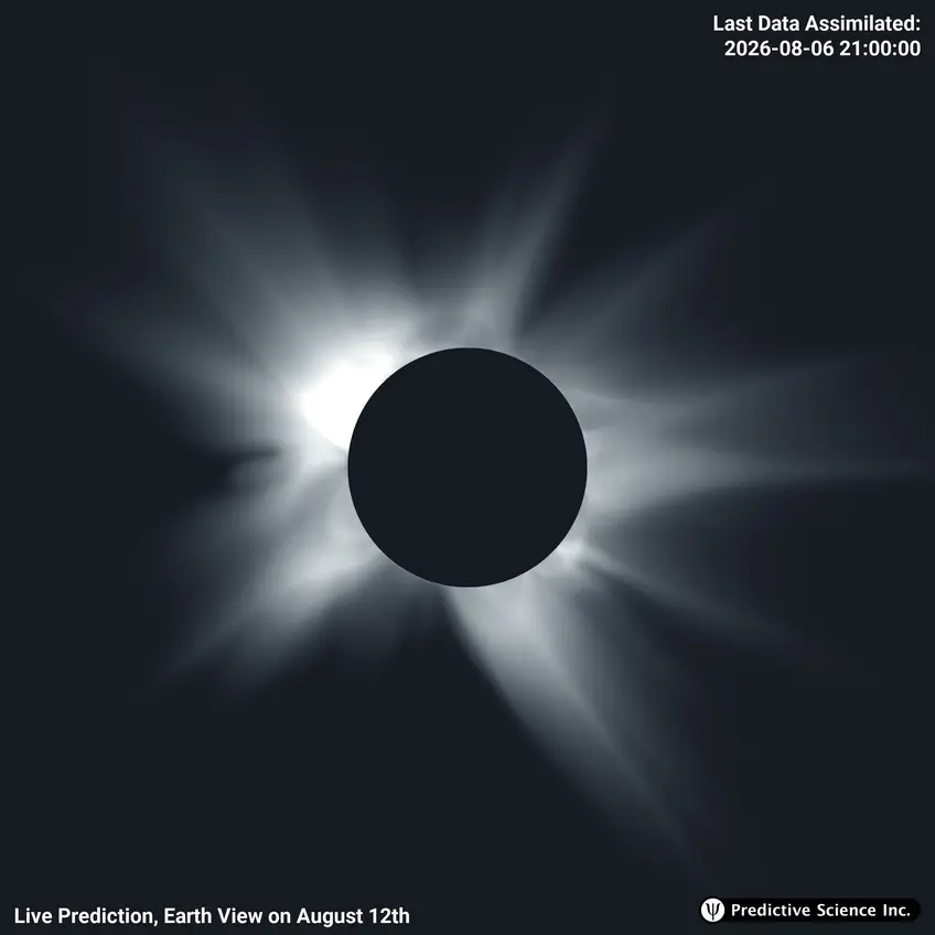 Simulări care arată cum ar putea arăta coroana Soarelui, așa cum este văzută din Spania în momentul eclipsei solare. Pentru simulări au fost utilizate datele SO/PHI din 6 august 2026. | iDevice.ro predictie live eclipsa solaa Pamant