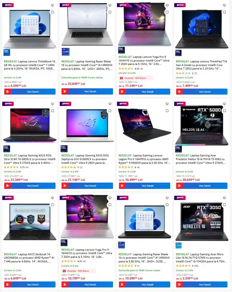 resigilate emag de la 3 lei - oferte 2 august 2026 - laptop asacer lenovo asus | iDevice.ro Gallery of 12 laptop product cards on an e-commerce page, each showing a laptop image, price, and a blue'Vezi Detalii' button.