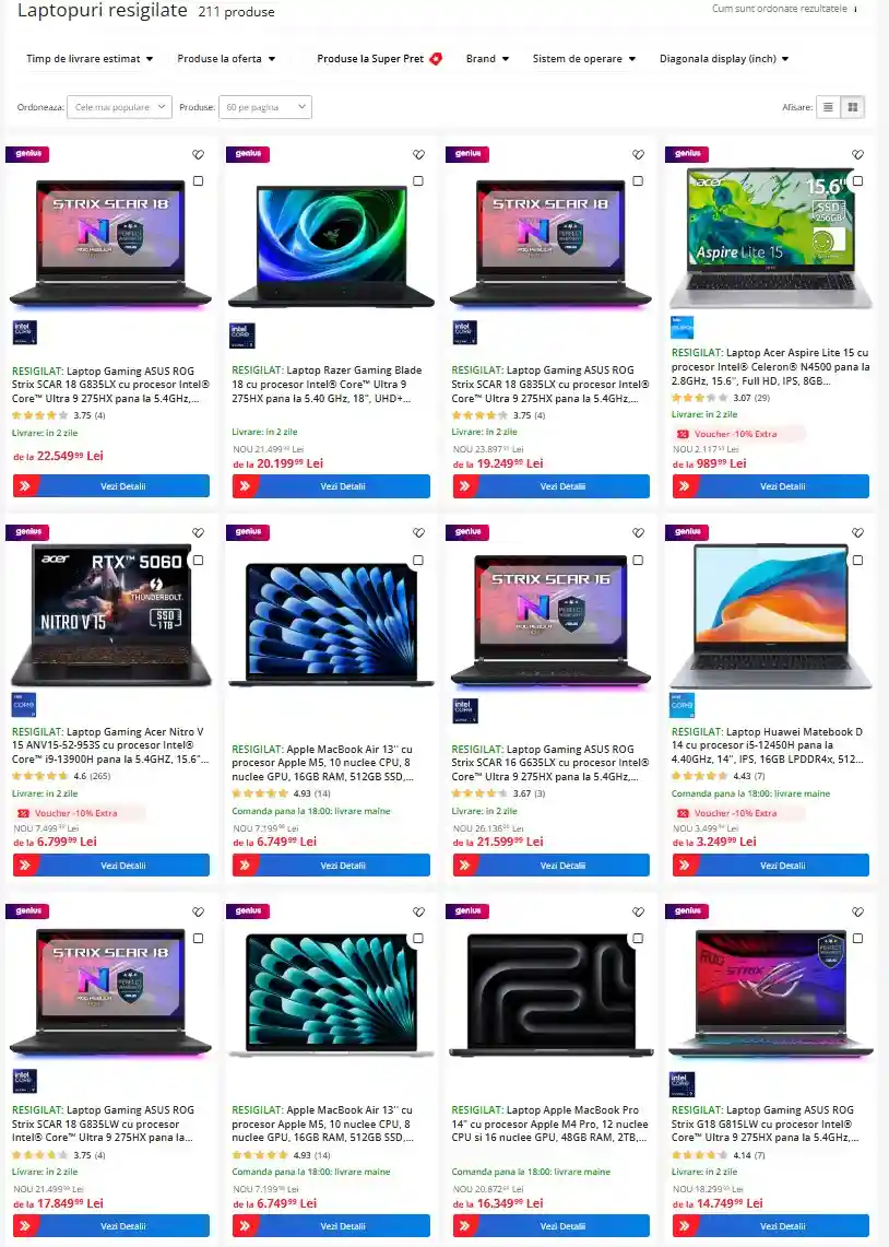 resigilate emag de la 3 lei - oferte 2 august 2026 - laptop | iDevice.ro Product grid showing multiple laptop listings with blue'Vezi Detalii' buttons in an online store page (Romanian).