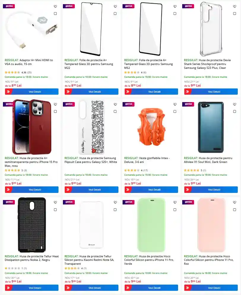 resigilate emag de la 3 lei - oferte 2 august 2026 - pagina 2 | iDevice.ro Grid of shopping cards displaying mobile accessories and phone cases, each with product image, name, price, and a'View Details' button. Includes adapters, screen protectors, protective cases, and an inflatable life vest.