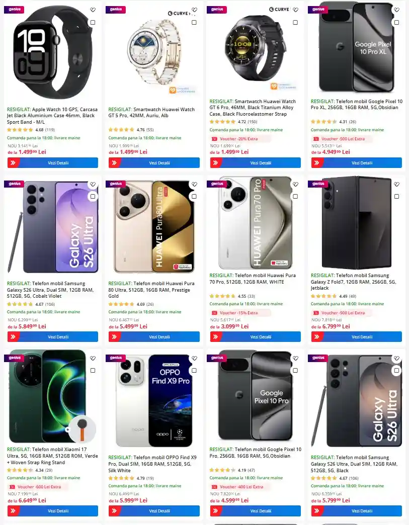 resigilate emag de la 3 lei - oferte 2 august 2026 - smartwatch, telefoane | iDevice.ro Grid of electronic devices for sale: smartwatches and smartphones with price tags.