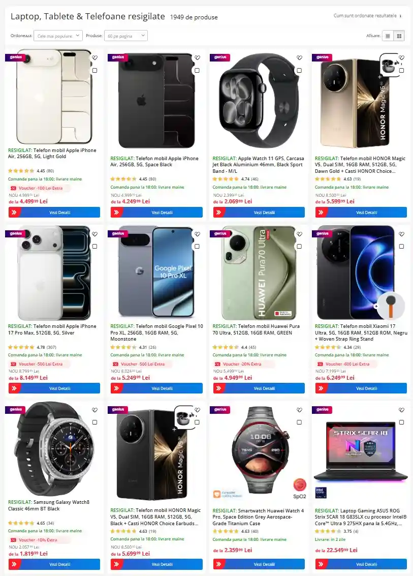 resigilate emag de la 3 lei - oferte 2 august 2026 - telefoane, smartwatch | iDevice.ro Product grid showing multiple electronics: smartphones, a smartwatch, and laptops in an online store catalog.