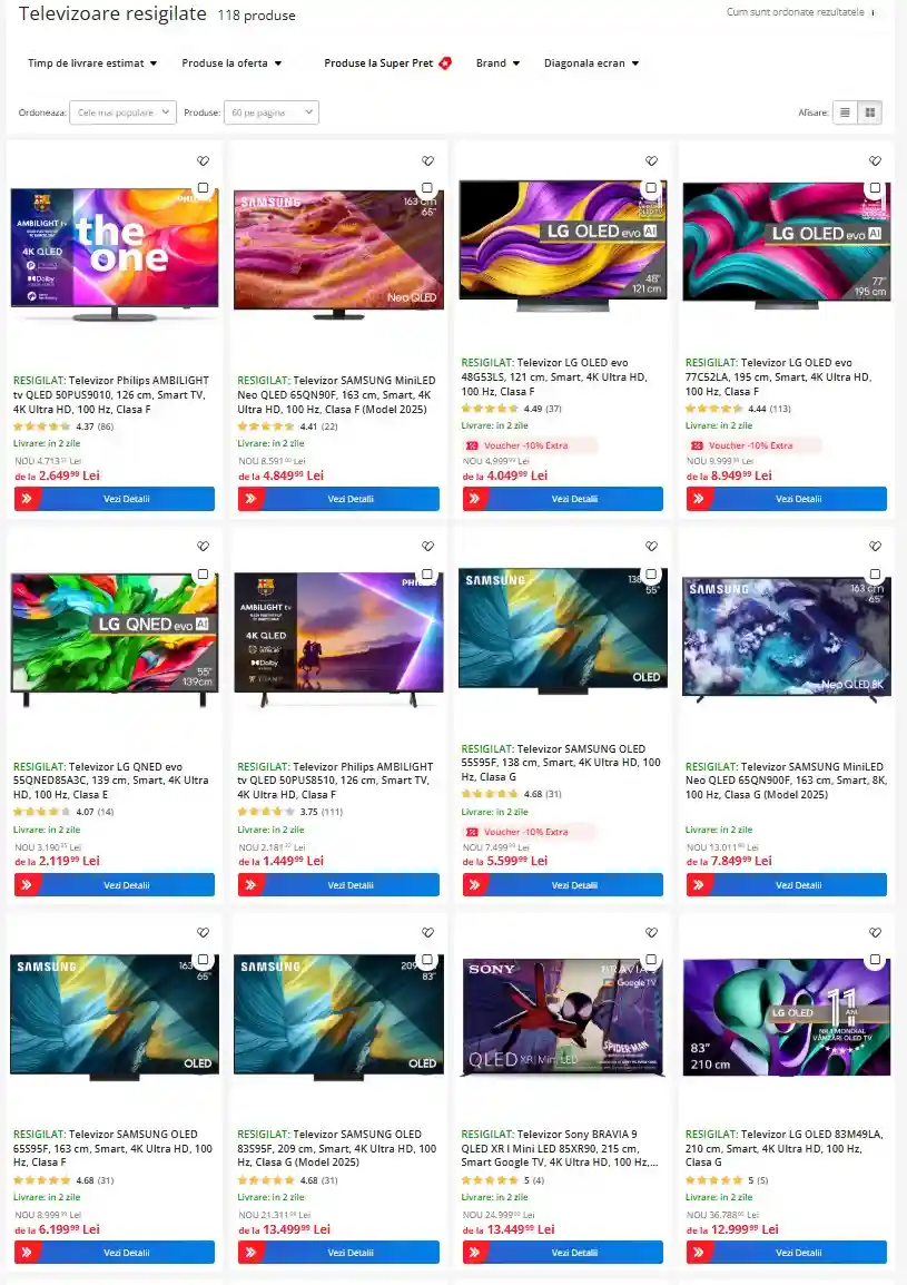 resigilate emag de la 3 lei - oferte 2 august 2026 - televizoare | iDevice.ro Grid of refurbished TVs listing with brand logos and prices; blue Buy/Details button visible on each tile (Romanian site). Each card shows a TV model and delivery info.