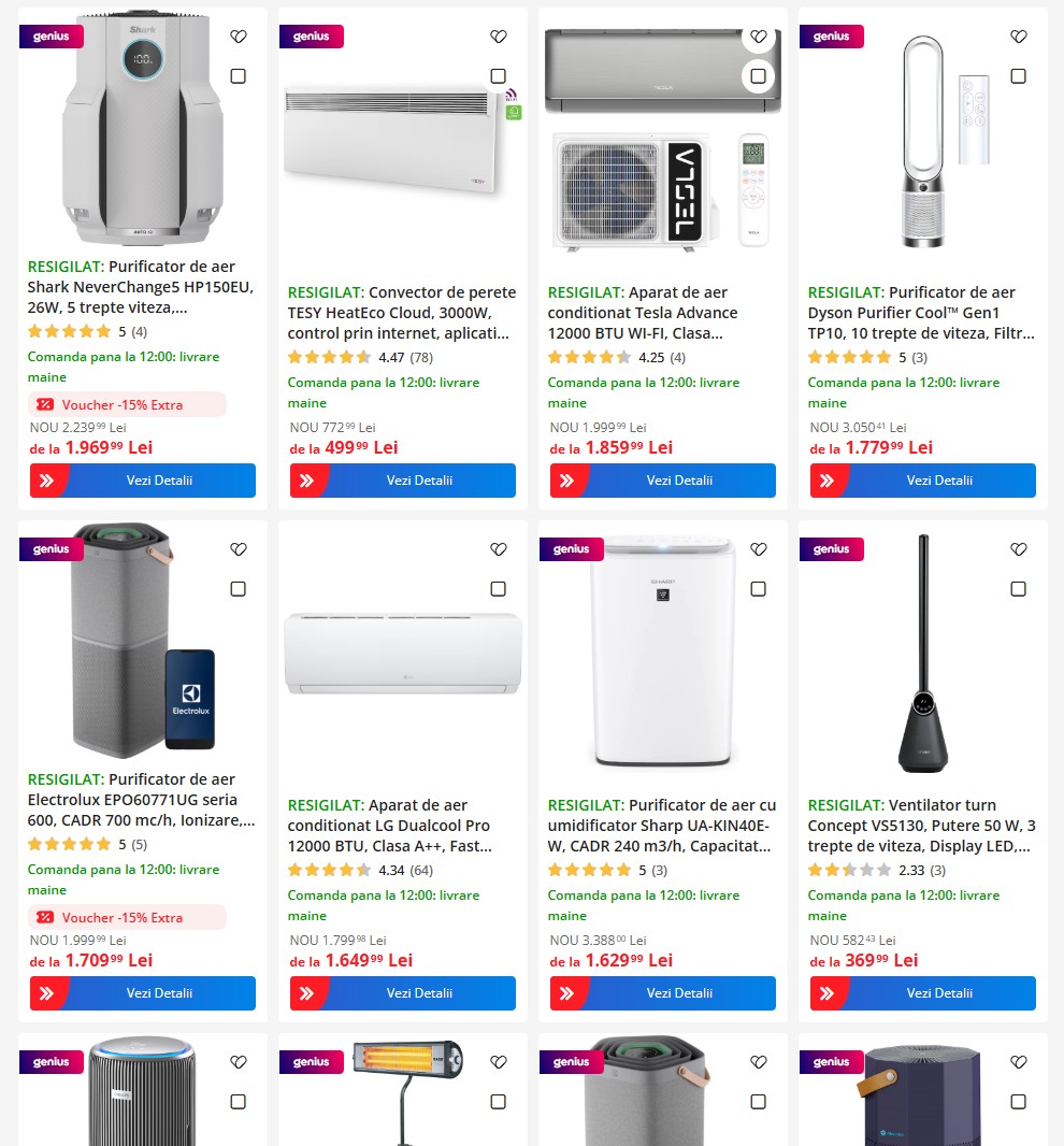 resigilate emag oferte aparate aer conditionat reduceri | iDevice.ro Grid of air purifiers and related climate devices on an e-commerce page, showing various brands (Dyson, Shark, Electrolux, LG, Sharp) with price and promo banners.