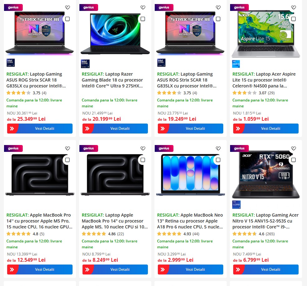 resigilate emag oferte laptop acer asus razer | iDevice.ro Laptop gaming notebook on a listing page: ASUS ROG Strix SCAR 18 with Intel Core processor information visible (Romanian listing).