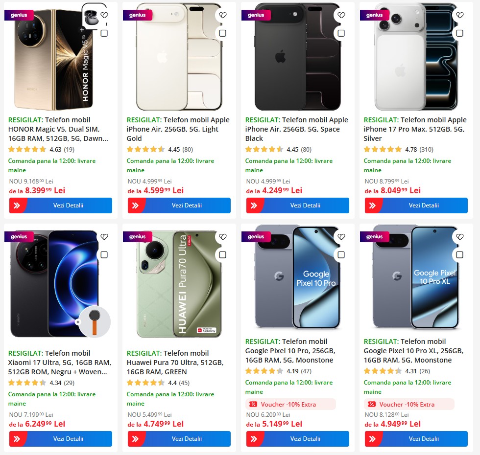 resigilate emag oferte telefoane iphone 17 pro google pixel 10 | iDevice.ro Grid of twelve smartphone product cards on sale showing device images, ratings, and the'Vezi Detalii' button.