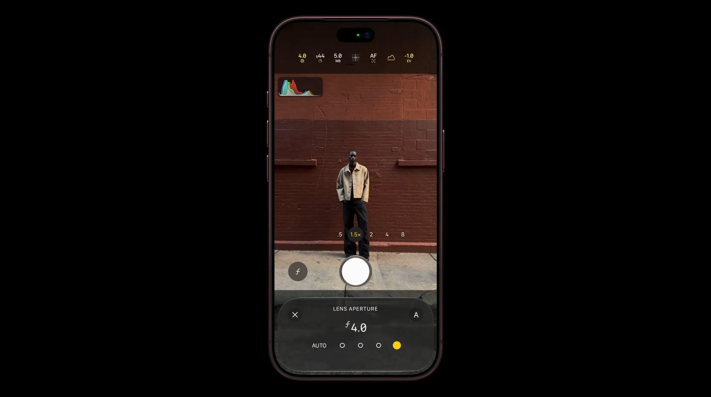 Selectarea diafragmei în aplicația Camera de pe iPhone