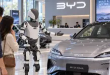 Roboții umanoizi BYD în primele imagini înainte de lansarea oficială, mașinile ar putea fi vândute de acești roboți în showroom Robot Presents BYD SEAL in Showroom