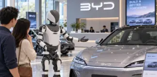 Robot Presents BYD SEAL in Showroom