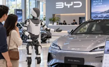 Roboții umanoizi BYD în primele imagini înainte de lansarea oficială, mașinile ar putea fi vândute de acești roboți în showroom Robot Presents BYD SEAL in Showroom