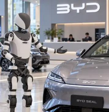 Robot Presents BYD SEAL in Showroom