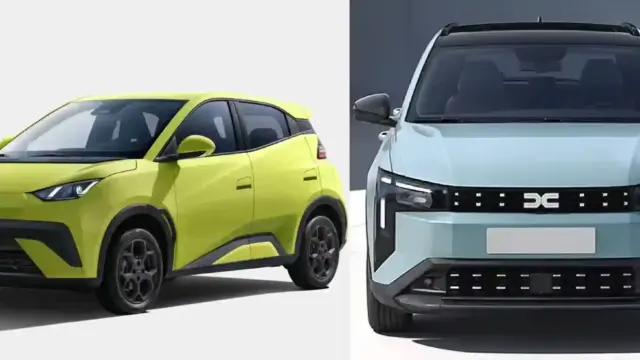 Two cars parked side by side: a lime-yellow compact hatchback on the left and a light-blue SUV facing forward on the right.