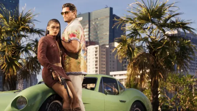 Two stylish individuals leaning on a bright green vintage car with palm trees and city buildings in the background.
