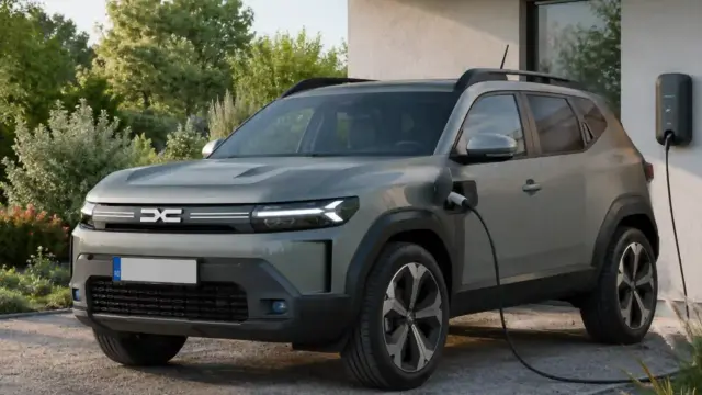 Grey SUV plugged into a wall-mounted home charger in a suburban driveway, with greenery in the background.