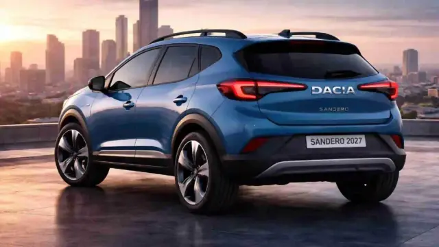 Blue Dacia Sandero 2027 SUV from rear three-quarter view with a sunset city skyline in the background.