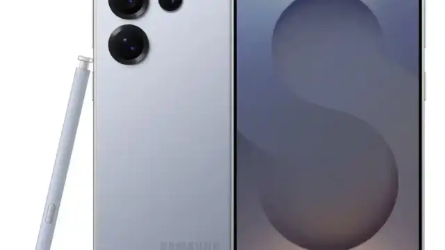 Samsung Galaxy smartphone with quad rear cameras and a stylus pen placed to the left, front screen showing a rounded edge display.