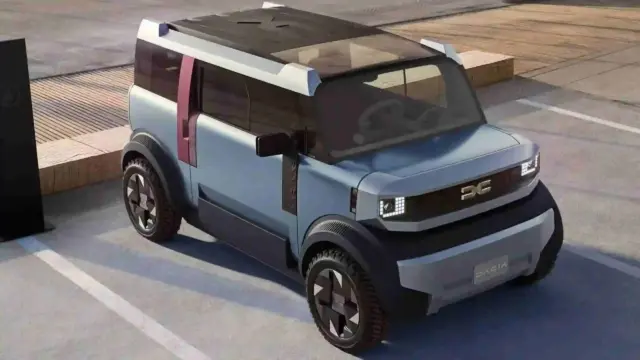 Futuristic blue SUV concept parked in a street lot with scissor-like doors open and a glass roof showing a modern interior.
