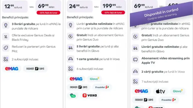 Noile prețuri ale abonamentelor Genius de la eMAG. FOTO: eMAG. abonamente genius scumpe